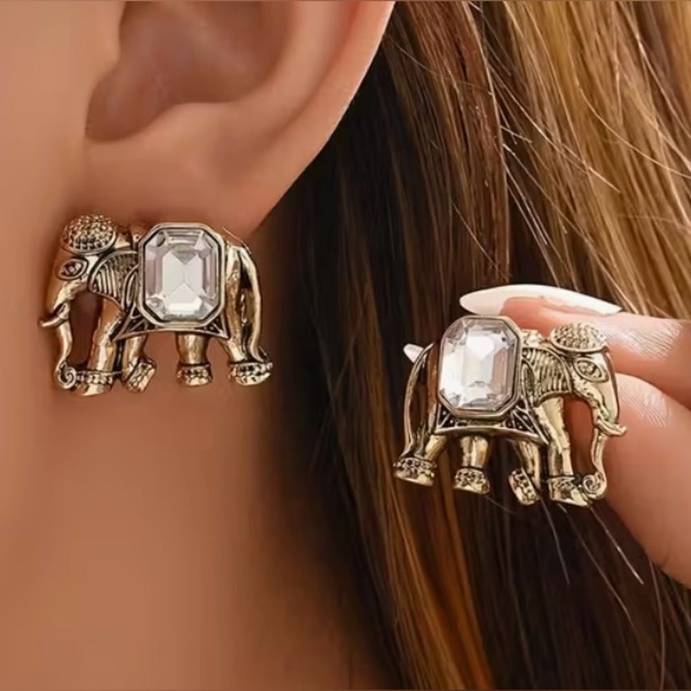 🐘 Stunning & Unique Gold Elephant Earrings with Crystal Accents 🐘